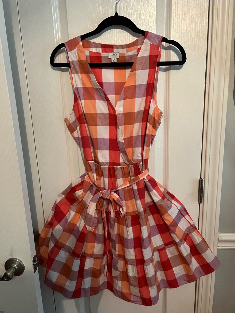 J. Crew Red, Orange & White Gingham Tie-Waist Sleeveless Dress